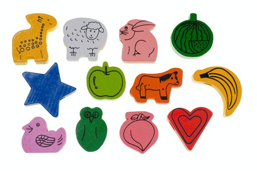 Set of colorful wooden toys on white background