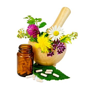 Capsules on green leaf of sage, wooden mortar with of mint, chamomile, clover, oregano, mignonette, elecampane isolated on white background