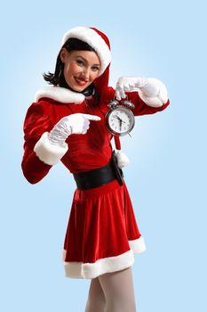 excited girl with santa hat holding clock. illustration