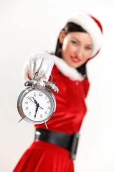 excited girl with santa hat holding clock. illustration