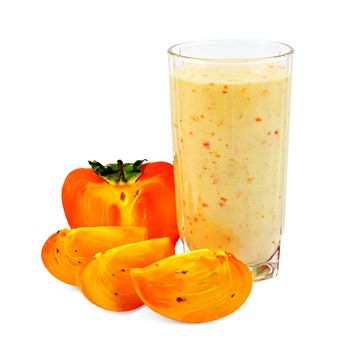 Milk shake in a glass beaker with persimmon isolated on white background