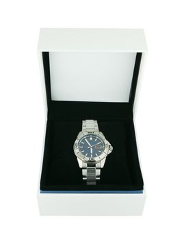 white box with luxury watch on white background