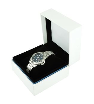 white box with luxury watch on white background