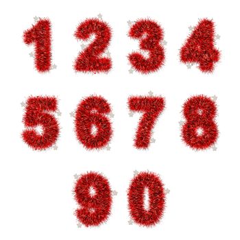 red tinsel digits with star on white background