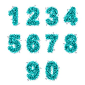 light blue  tinsel digits with star on white background