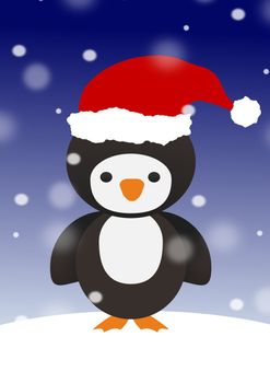 Illustration of a Penguin wearing a Santa hat in the snow