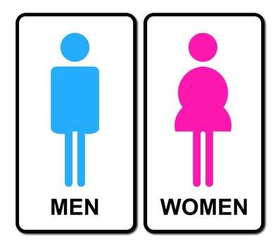 Colored Man & Woman restroom sign on white