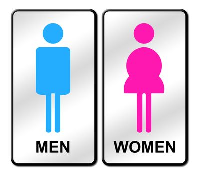 Colored Man & Woman restroom sign on white