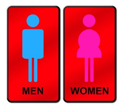 Colored Man & Woman restroom sign on white