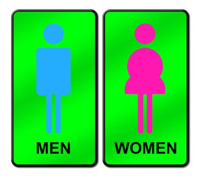 Colored Man & Woman restroom sign on white