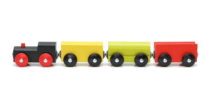 wooden train with three wagons on white background