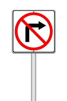 Road sign don't turn right on white background