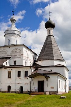 White orthodox church in Ferapontov monastery in summer day
