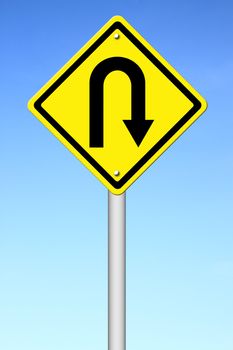 Yellow warning sign u-turn roadsign with blue sky background