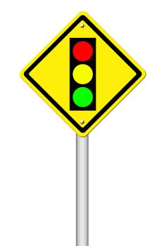 Traffic light ahead warning sign on white background