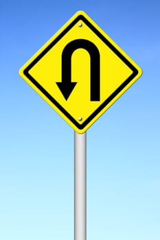 Yellow warning sign u-turn roadsign with blue sky background