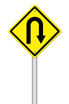 Yellow warning sign u-turn roadsign on white background