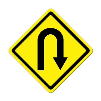 Yellow warning sign u-turn roadsign on white background