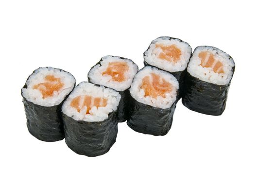 Japanese rolls in a restaurant with fish and vegetables