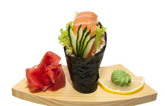 Japanese cuisine in the restaurant temaki with meat fish salmon