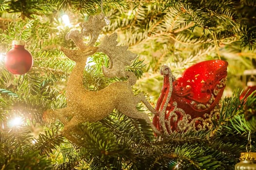 Christmas tree ornaments on Christmas tree, closeup