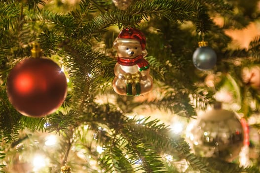 Christmas tree ornaments on Christmas tree, closeup