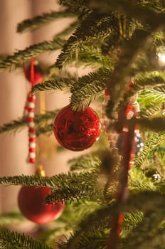 Christmas tree ornaments on Christmas tree, closeup