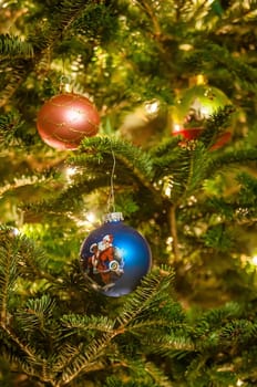 Christmas tree ornaments on Christmas tree, closeup