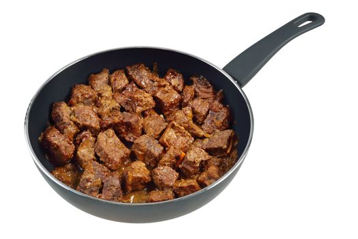 Beef stew in a frying pan. Isolated on white.