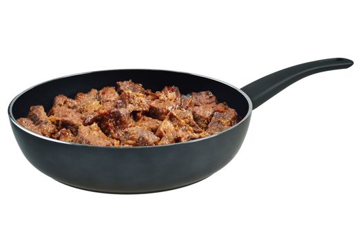 Beef stew in a frying pan. Isolated on white.