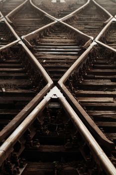 Railway in fog on station, outdoor landscape