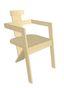 Wooden chair, natural finish, with armrest,  3D illustration, isolated against a white background.