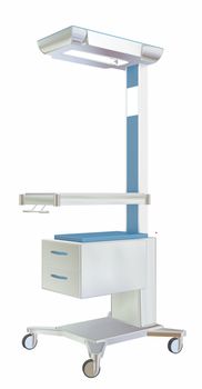 Mobile medical utility table with two drawers and overhead lamp, white blue, metal, 3D illustration, isolated against a white background.