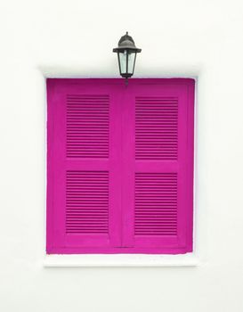 pink Greek Style windows and lamp on white wall