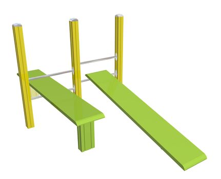 Sit-up boards, horizontal and inclined, yellow and green, 3D illustration, isolated against a white background.