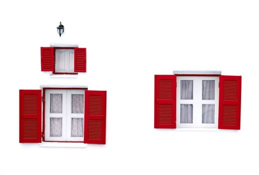 red Greek Style windows and lamp on white wall