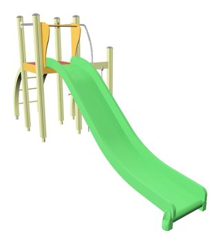 Kiddie slide, green, 3D  illustration, isolated against a white baackground