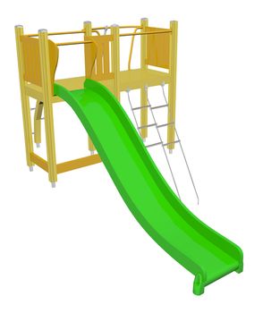 Kiddie slide, green and yellow, 3D illustration, isolated against a white background.