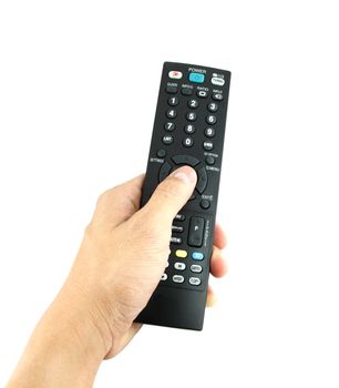 hand with remote control on white