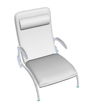 Reclining leather lounge chair, white, with armrest headrest, metal legs, 3D illustration