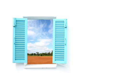 Greek Style windows  window with nature country view and wall blank for text