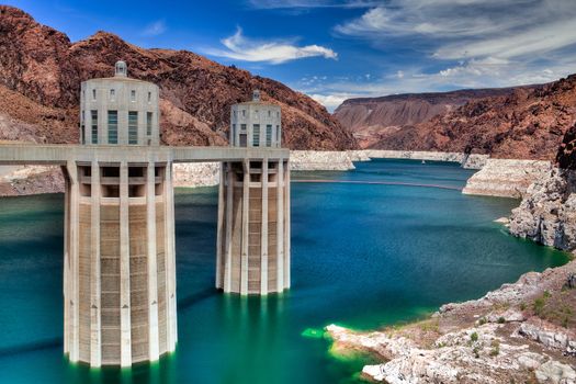 Decreased water level in Black Canyon of Colorado river near Hoover Dam