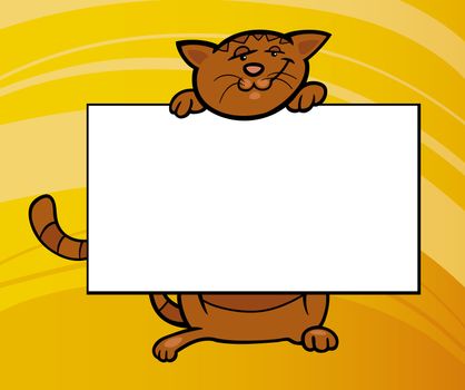 Cartoon Illustration of Funny Cat with White Card or Board Greeting or Business Card Design