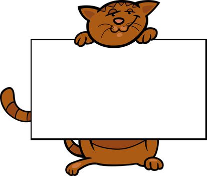 Cartoon Illustration of Funny Cat with White Card or Board Greeting or Business Card Design Isolated