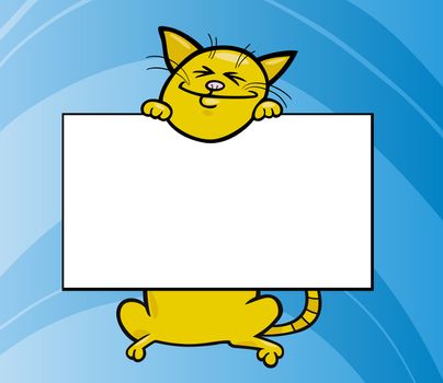 Cartoon Illustration of Funny Cat with White Card or Board Greeting or Business Card Design
