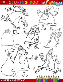 Coloring Book or Page Cartoon Illustration of Christmas Themes Set with Santa Claus or Papa Noel and Xmas Presents and Decorations for Children
