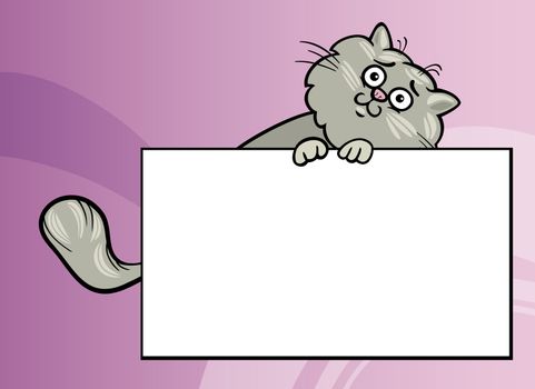 Cartoon Illustration of Funny Fluffy Cat with White Card or Board Greeting or Business Card Design