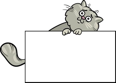 Cartoon Illustration of Funny Fluffy Cat with White Card or Board Greeting or Business Card Design Isolated
