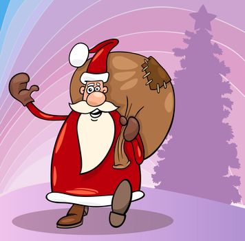 Cartoon Illustration of Funny Santa Claus or Papa Noel or Father Christmas with Sack full of Presents