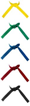 Set of five knotted karate belts isolated on white